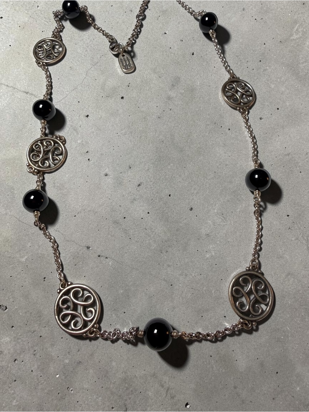 Black Bead & Silver Filigree Long Necklace